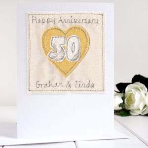 Carte personnalisée 50e anniversaire de mariage en or brodée - Carte coeur de mariage en or pour femme, mari, parents, grands-parents - 50 ans