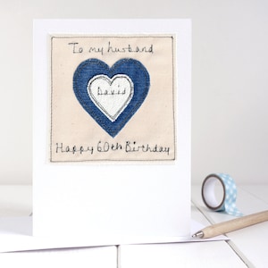 Tarjeta de cumpleaños o aniversario personalizada con corazón bordado para esposo o él: tarjeta de aniversario de 2.º aniversario en algodón o 4.º aniversario en lino: tarjeta de boda gay
