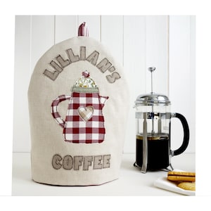 Personalised Embroidered Coffee Cosy - Red Cafetiere Cozy - French Press Coffee Cover - 2nd Cotton, 4th Linen, 40th Ruby Wedding Anniversary