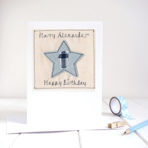 Personalised 1st birthday card for boys, embroidered with a blue star, a number 1 and a boys name
