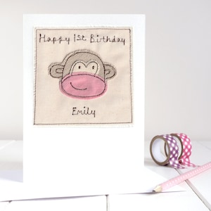 Cartão de aniversário de macaco bordado personalizado para menina, filha, neta, sobrinha, irmã mais velha ou mais nova - Cartão fofo de dia das mães para a mãe