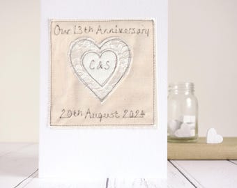 Tarjeta personalizada de 13.º aniversario de bodas con encaje bordado - Tarjeta de 13 años de matrimonio para esposo, esposa o pareja - Tarjeta de 13.º aniversario