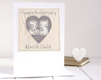 Personalised Embroidered Silver Wedding Anniversary Card - 25th Anniversary Card For Wife Or Husband - 25 Years Married - 25th Birthday Card
