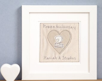 Personalised Embroidered Wedding Anniversary Framed Picture - Cotton 2nd Anniversary - Linen 4th Anniversary - Gift For Husband Or Wife