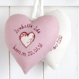 Personalised Embroidered Hanging Heart For Girls - Gift For New Baby Girl, Christening, Baptism, Naming Day, Birthday - Girls Nursery Decor