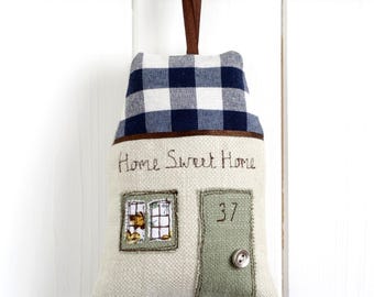 Personalised Embroidered Hanging House Decoration - New Home Housewarming Gift - Country Cottage Decor Ornament - Fabric House Sign For Door