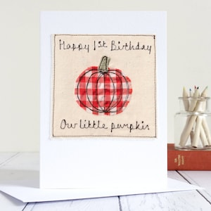 Tarjeta de calabaza bordada personalizada para cumpleaños, Halloween, Acción de Gracias - Tarjeta para el primer cumpleaños del bebé - Baby Shower de otoño - Cumpleaños de otoño
