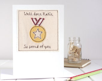 Personalised Embroidered Gold Medal Card - Well Done Card - Passing Exams Or Graduation Card - Marathon Medal Card - You Deserve A Medal