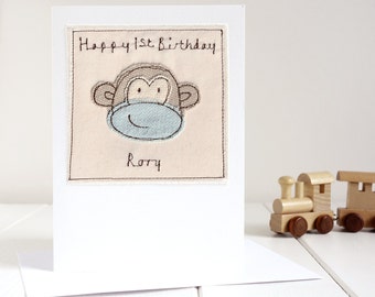 Personalised Embroidered Monkey Birthday Card For Boy, Son, Grandson, Nephew, Big Or Little Brother - Cute Fathers Day Card For Dad, Grandad