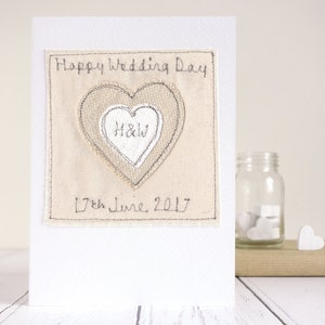 Tarjeta de corazón bordada personalizada para boda, aniversario, compromiso - 2.º algodón, 4.º lino Tarjeta de aniversario para esposo, esposa, pareja