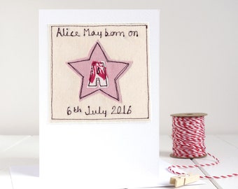 Personalised Embroidered Initial Star Card For New Baby Girl, Girls Birthday, Christening, Baptism, Naming Day, Adoption - Baby Name Card