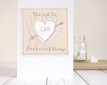 Personalised Embroidered Cupid Heart Card - 2nd Cotton Or 4th Linen Wedding Anniversary Card For Husband, Wife, Couple - Engagement Card
