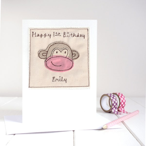 Tarjeta de cumpleaños de mono bordada personalizada para niña, hija, nieta, sobrina, hermana mayor o pequeña - Tarjeta del día de la madre para mamá