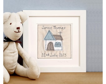 Personalised Embroidered Christening Picture For Boys, Son, Grandson, Godson - Boys Baptism Gift - First Holy Communion Gift - Framed Art