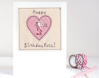 女の子、娘、孫娘へのパーソナライズされた刺繍入り1歳の誕生日カード - 入学初日 - お母さん、おばあちゃんへの初めての母の日カード