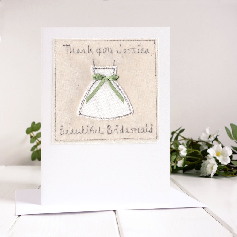 Personalised white bridesmaid dress embroidered thank you card with sage green ribbon