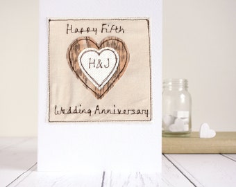 Personalised Embroidered 5th Wedding Anniversary Card - Wood Anniversary Card For Husband, Wife, Couples - Five Years Together Card