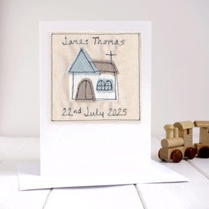 a personalised blue church christening card for boy