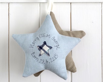 Personalised Embroidered Hanging Star Gift For New Baby Boy, Christening, Naming Day, Baptism, 1st Birthday - Fabric Star Nursery Decoration