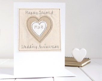 Personalised Embroidered Cotton 2nd Wedding Anniversary Card - Second Anniversary Card For Husband, Wife, Couple - 2 Years Married Card