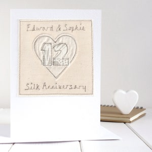 Tarjeta personalizada bordada del 12º aniversario de boda - Tarjeta de aniversario de seda para esposa, marido, pareja - Tarjeta de corazón de 12 años juntos