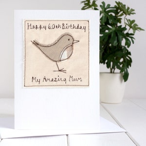 Carte d'anniversaire brodée personnalisée troglodyte ou rouge-gorge pour elle, lui, femme, mari, jardinier - carte d'oiseau pour la retraite, la nouvelle maison, la sympathie