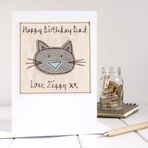 Gepersonaliseerde geborduurde kat verjaardagskaart voor vader, opa, zoon, kleinzoon, echtgenoot, hem - verjaardagskaart van de kat - nieuwe kittenkaart
