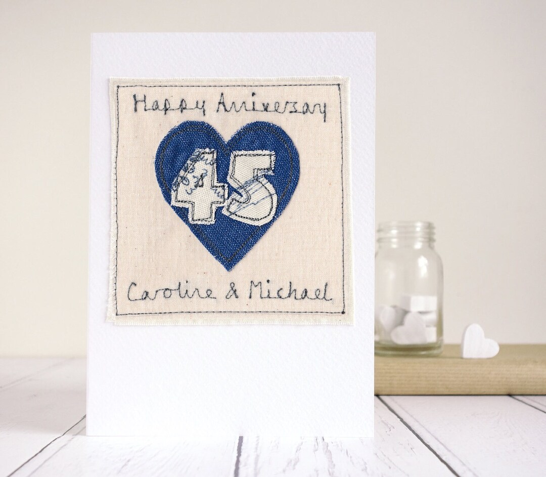 Personalised Embroidered 45th or 65th Wedding Anniversary Card - Blue ...