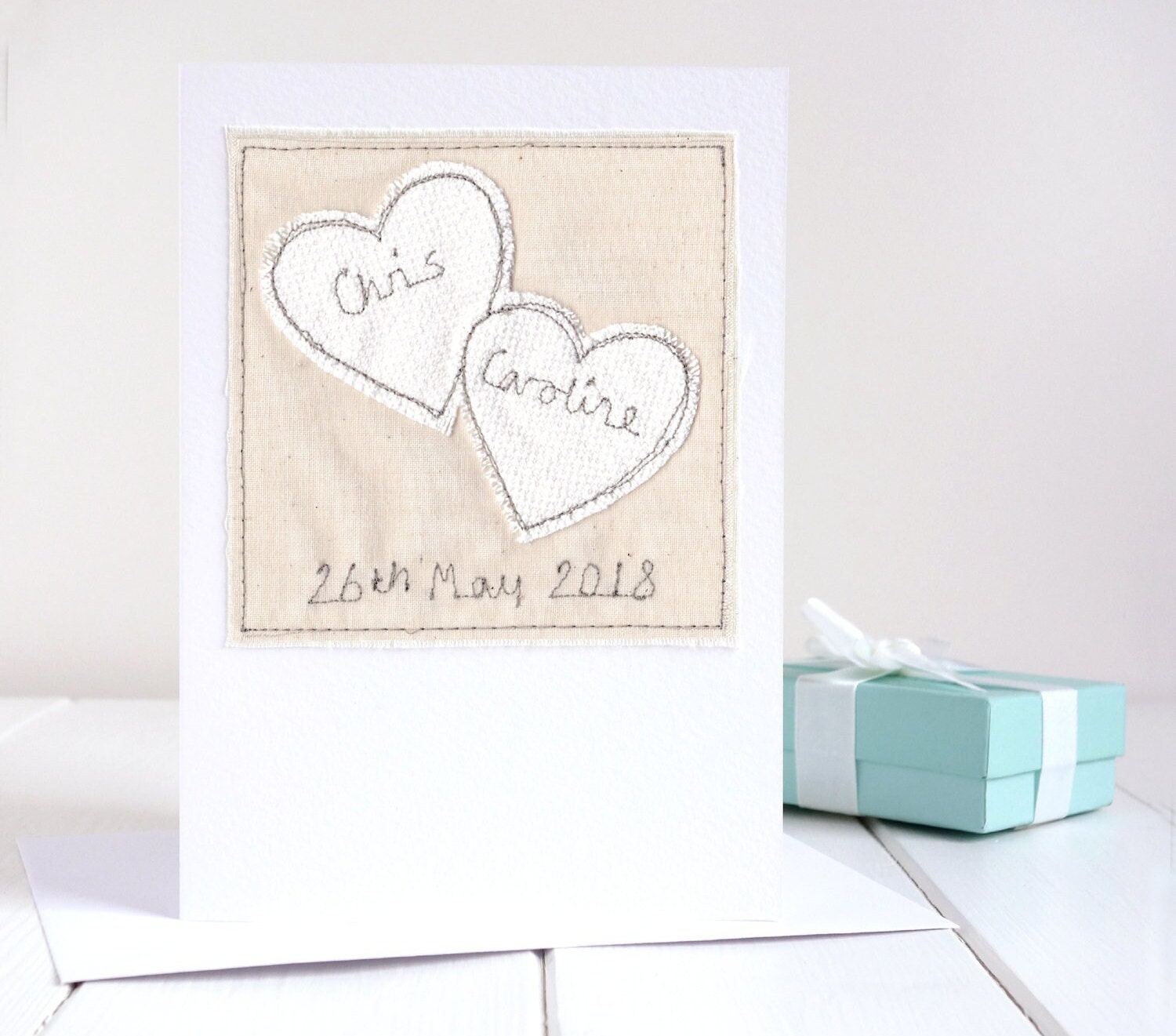 Personalised Embroidered Hearts Card For Wedding, Anniversary Or Engagement - Cotton 2nd Anniversary - Linen 4th Anniversary - Love Card