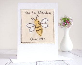 Personalised Embroidered Bumble Bee Birthday Card - Hap-Bee Birthday Card For Her, Him, Bee Lover - Belated Birthday Card - Happy Bee-Day