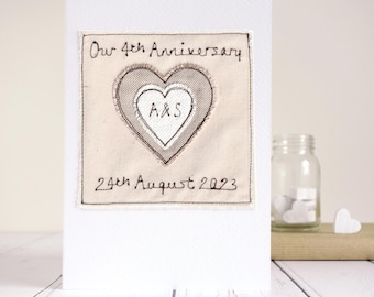 Personalised Embroidered Linen 4th Wedding Anniversary Card - Fourth Anniversary Card For Husband, Wife, Couple - 4 Years Married Card