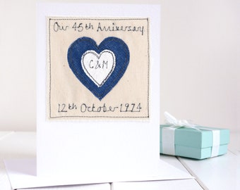 Personalisierte bestickte Saphir Hochzeit Jahrestag Karte - 45. Jahrestag - 65. Jahrestag Blauer Saphir - 45 oder 65 Jahre verheiratet Karte