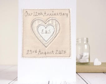 Personalisierte bestickte Seidenkarte zum 12. Hochzeitstag - 12 Jahre verheiratet Karte für Ehemann, Frau, Paar - Zwölfte Jahrestagskarte