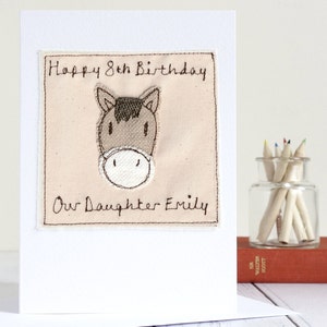 Personalised horse 8th birthday card for daughter, embroidered with a brown horses head and name