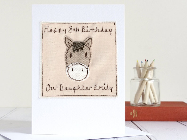 Personalised horse 8th birthday card for daughter, embroidered with a brown horses head and name