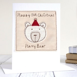 Carte de Noël brodée personnalisée ours polaire - 1er carte de Noël de bébé pour garçon ou fille - Premier Noël en tant que papa ou maman ours -