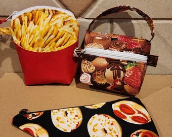 Foodie Zippered Bags / Pizza Pouch / Box of Chocolates / French Fries Bag /Cosmetic Bag / Makeup Pouch