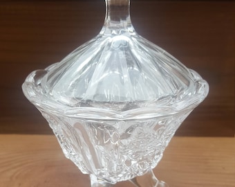 Vintage Glass Footed Candy Dish, Flower and Leaves Cut Glass, Jewelry Tray, Home Wedding and Office Decor