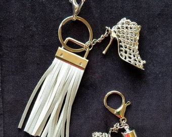 High Heel Key Chain / Silver Tassel Zipper Pull / Shoe Key Fob / High Heel Key Ring / Gift