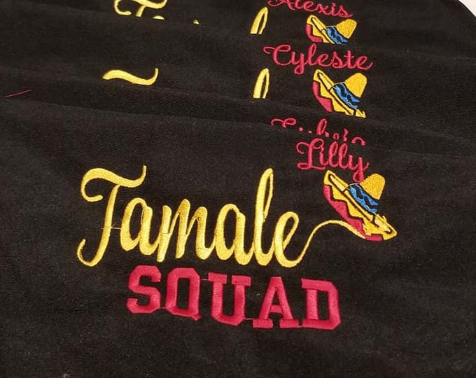 Featured listing image: TAMALE SQUAD Apron / Tamalada / Party Apron / Fiesta Full Apron / Embroidered Personalized Apron / Team Aprons / Family Apron
