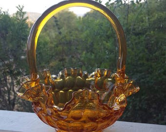 Amber Glass Basket / Ruffled Glass Basket / Thumbprint Art Glass / Vintage Candy Dish / Home / Office Decor /Trinket Dish