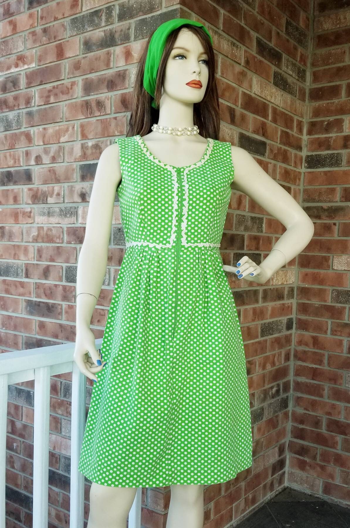 Vintage Polka Dot Dress Lime Green Sleeveless Dress Mod