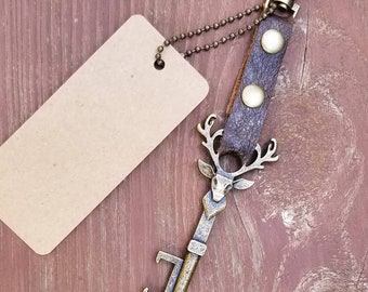 Buck Bottle Opener / Hunting Gift For Him / Leather Deer Keychain /   Gift Ideas under 15