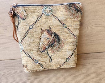 Western Theme Tapestry Zippered Pouch / Equine Bag / Equestrian Tapestry Cosmetic Bag / Accessory Pouch / Rodeo Bag