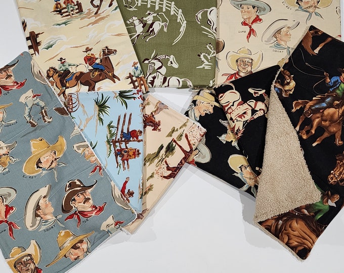 Featured listing image: Cowboy Burp Cloths / Western Theme Burp Cloth Set of 3 / Baby Shower Gift / Cowboy Burp Pad / Western Burp Pads
