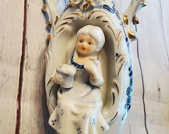Vintage Porcelain Pocket Vase / Victorian Blue and White Vase