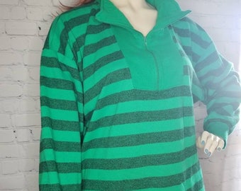 80's Oversized Crop Top / Wear it Out Paris / Blue Green Stripes Pullover / Sweatshirt