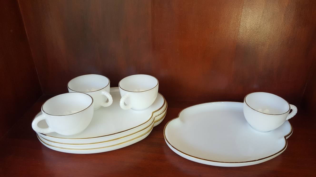 Vintage MILK GLASS Snack Tray & Cup / Gold Rim Luncheon Setting ... Vintage MILK GLASS Snack Tray & Cup / Gold Rim Luncheon Setting ...