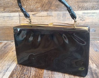 Vintage Black Patent leather Top Handle Box Bag / Vintage Purse