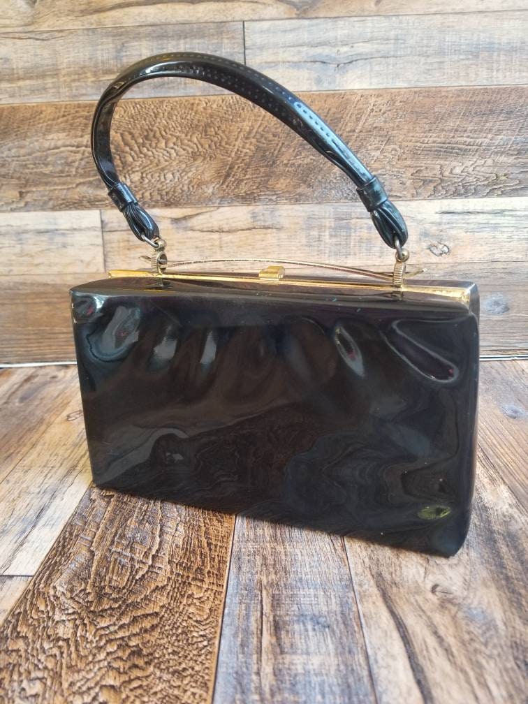 Vintage Black Patent Leather Top Handle Box Bag / Vintage 